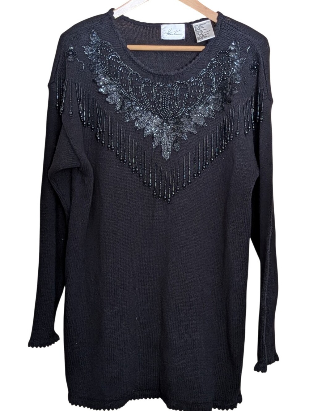 Vintage Kathie Lee Embellished Black Women's Sweater M Beaded Sequins Whimsigoth